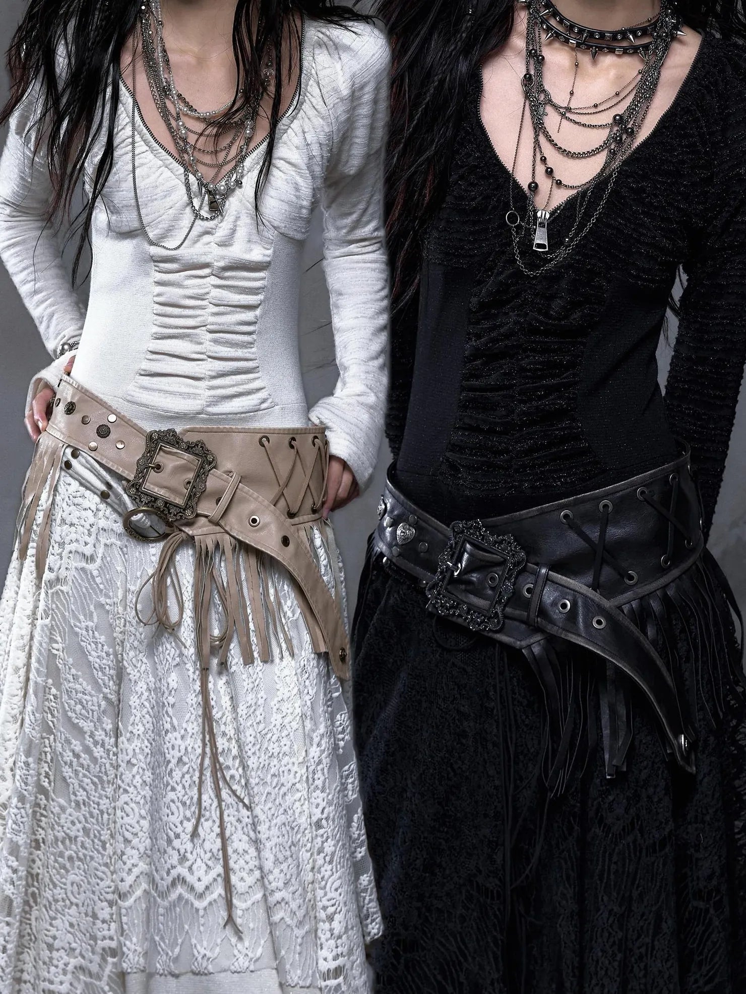 NO ROMANCE Leather Tassel Vintage Punk Metal Pin Buckle Women Waist Black Khaki Belt