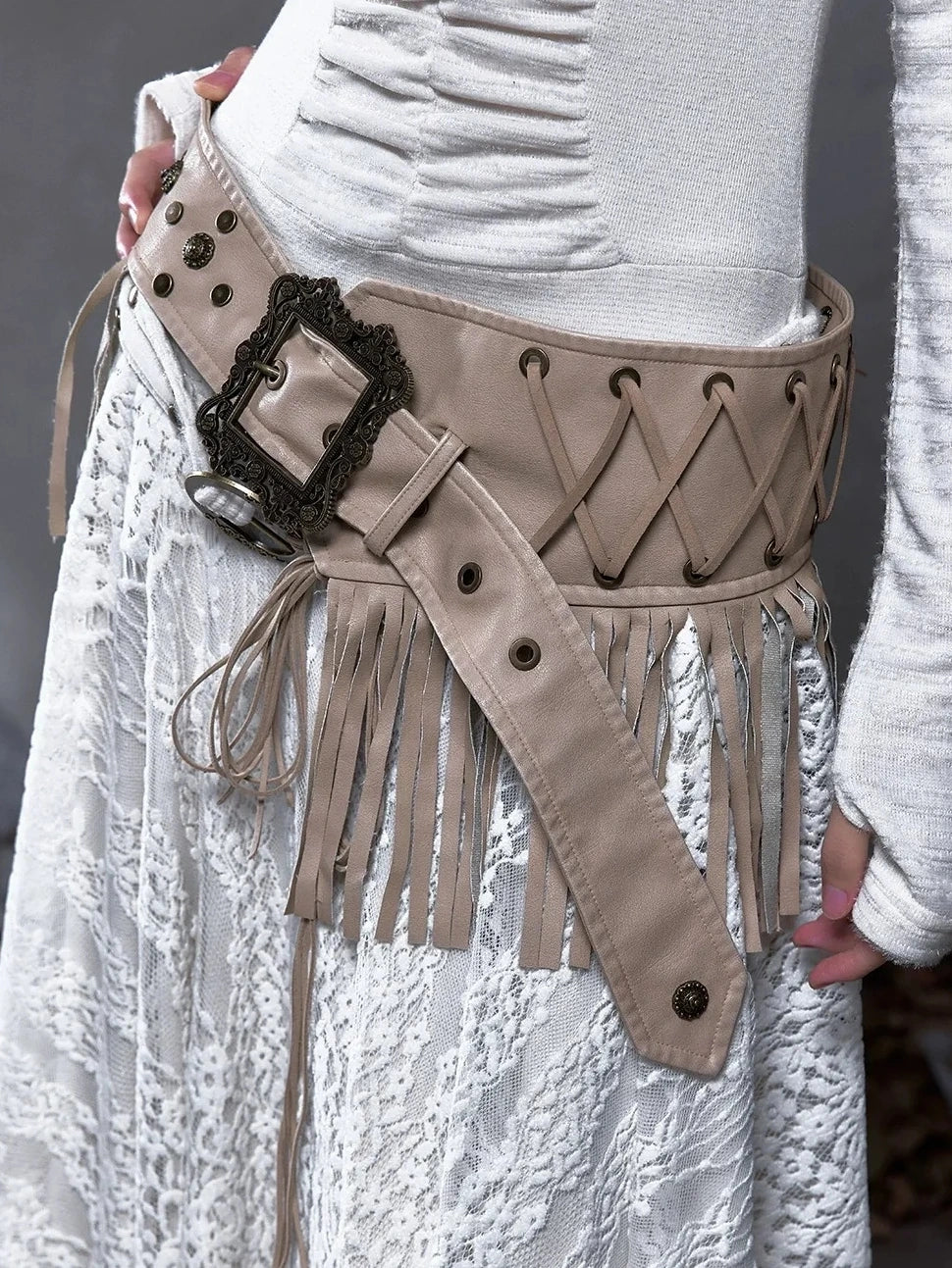 NO ROMANCE Leather Tassel Vintage Punk Metal Pin Buckle Women Waist Black Khaki Belt