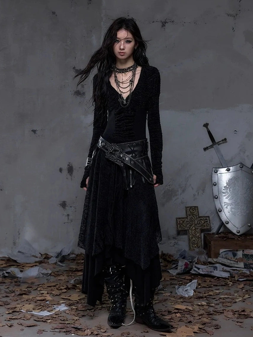 NO ROMANCE Leather Tassel Vintage Punk Metal Pin Buckle Women Waist Black Khaki Belt