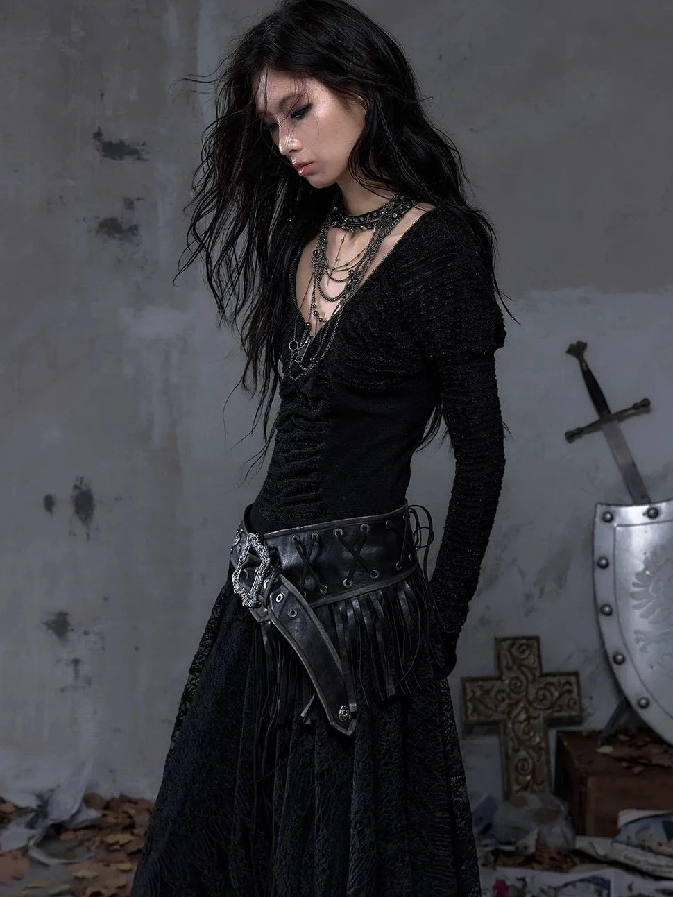 NO ROMANCE Leather Tassel Vintage Punk Metal Pin Buckle Women Waist Black Khaki Belt