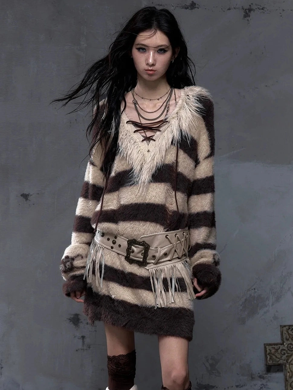 NO ROMANCE Leather Tassel Vintage Punk Metal Pin Buckle Women Waist Black Khaki Belt