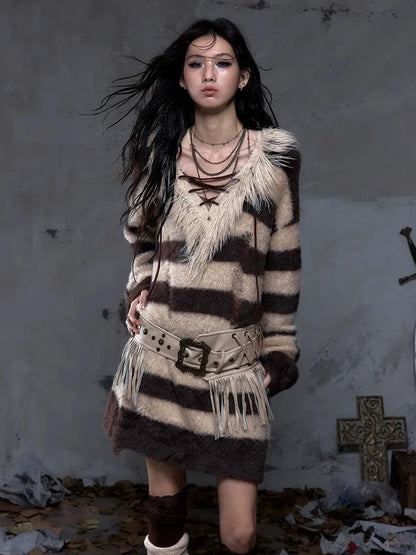 NO ROMANCE Leather Tassel Vintage Punk Metal Pin Buckle Women Waist Black Khaki Belt