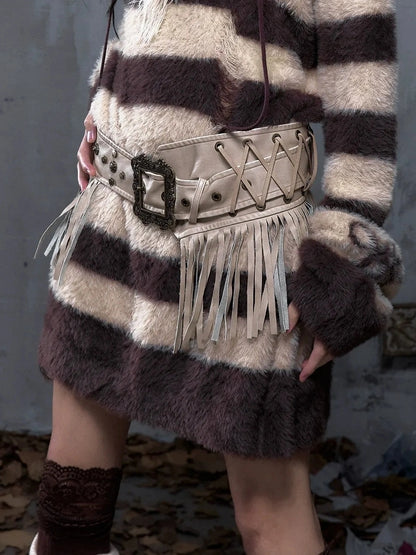 NO ROMANCE Leather Tassel Vintage Punk Metal Pin Buckle Women Waist Black Khaki Belt