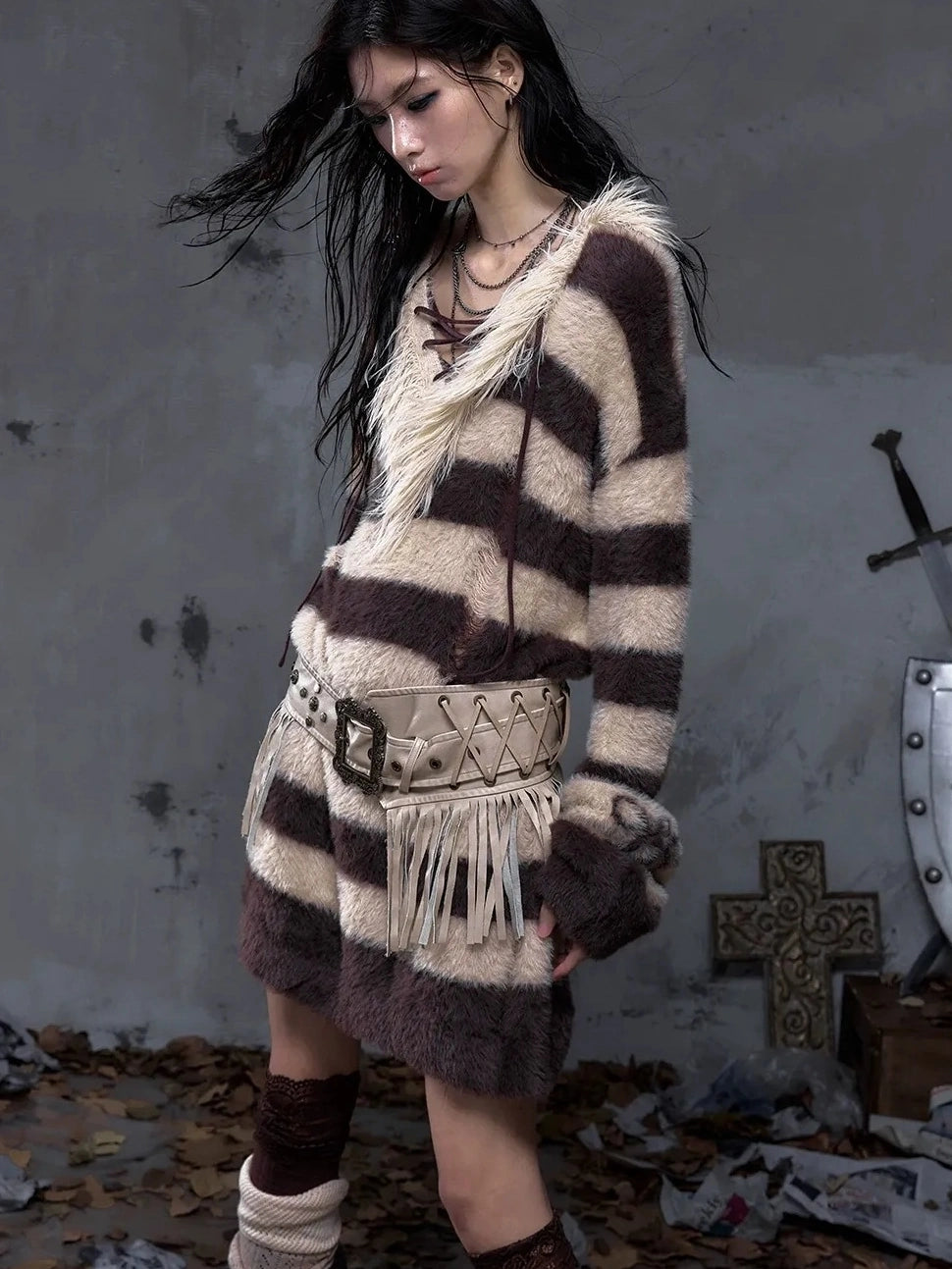 NO ROMANCE Leather Tassel Vintage Punk Metal Pin Buckle Women Waist Black Khaki Belt