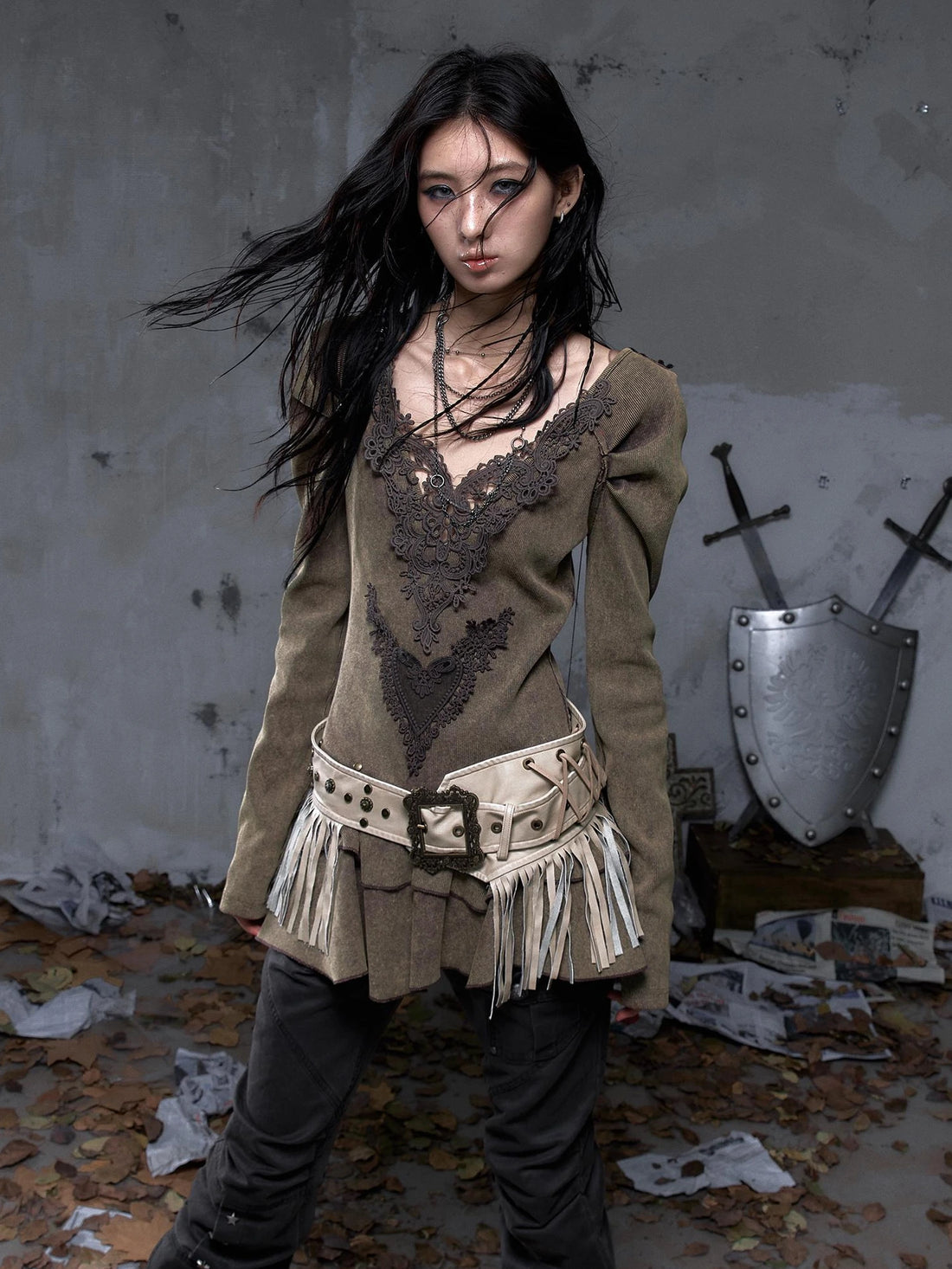 NO ROMANCE Leather Tassel Vintage Punk Metal Pin Buckle Women Waist Black Khaki Belt