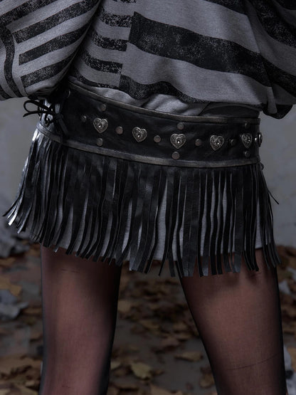 NO ROMANCE Leather Tassel Vintage Punk Metal Pin Buckle Women Waist Black Khaki Belt