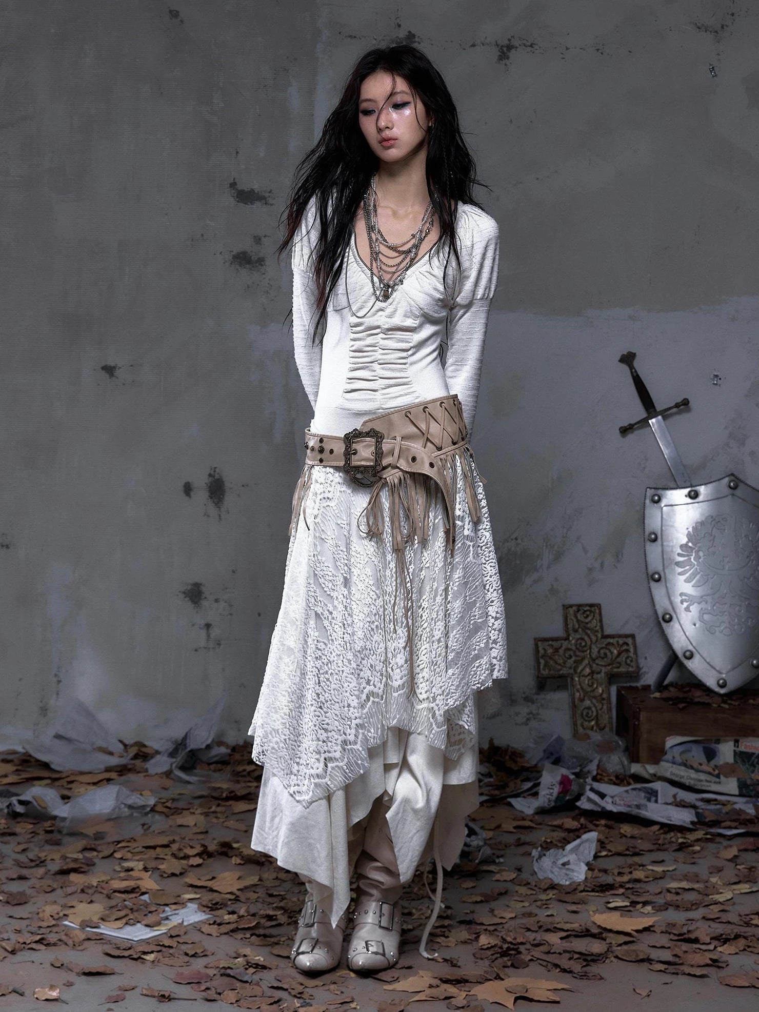 NO ROMANCE Leather Tassel Vintage Punk Metal Pin Buckle Women Waist Black Khaki Belt