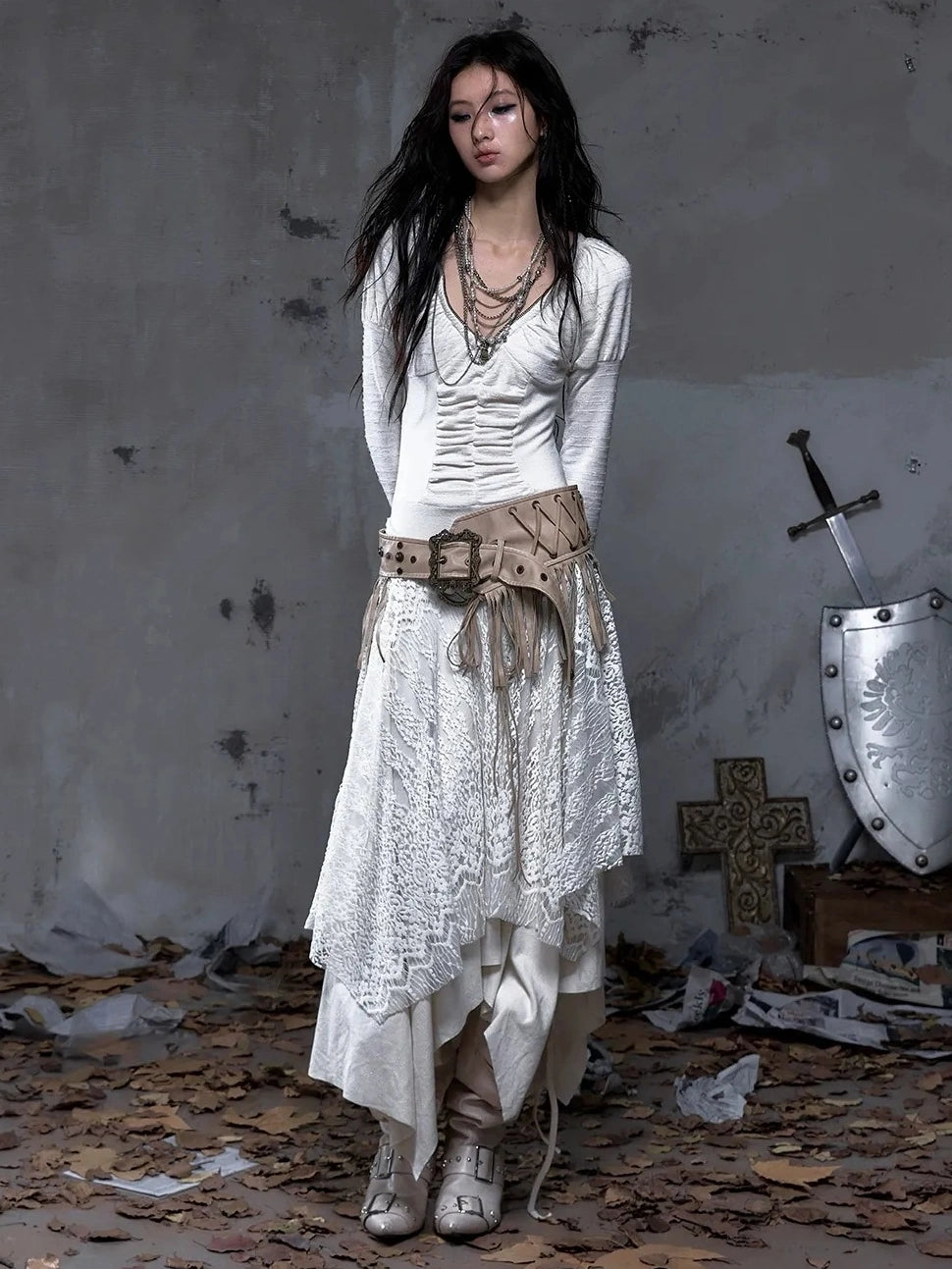 NO ROMANCE Leather Tassel Vintage Punk Metal Pin Buckle Women Waist Black Khaki Belt