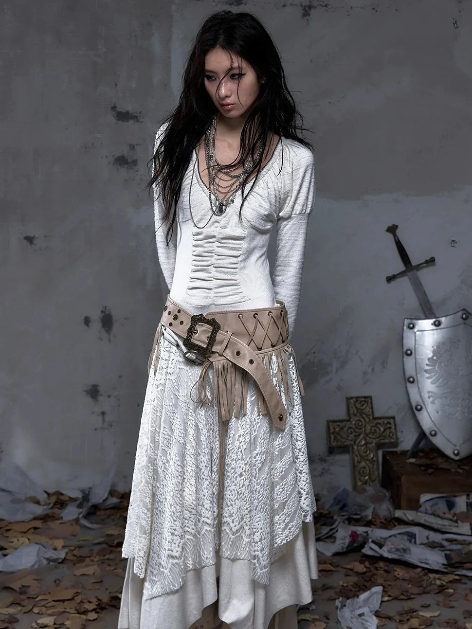 NO ROMANCE Leather Tassel Vintage Punk Metal Pin Buckle Women Waist Black Khaki Belt