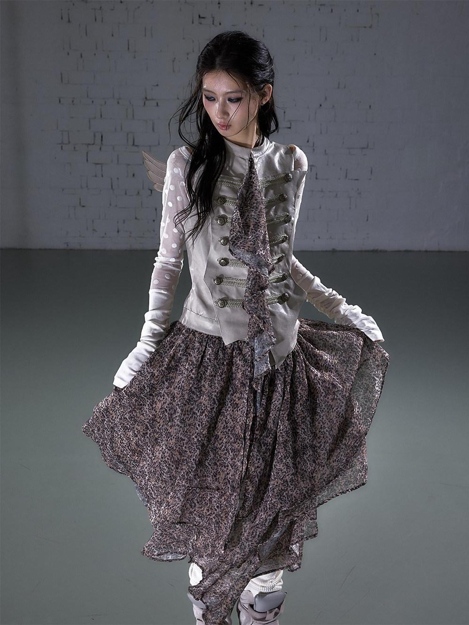 NO ROMANCE Leopard Embroidered Wing Patchwork Asymmetrical Women&