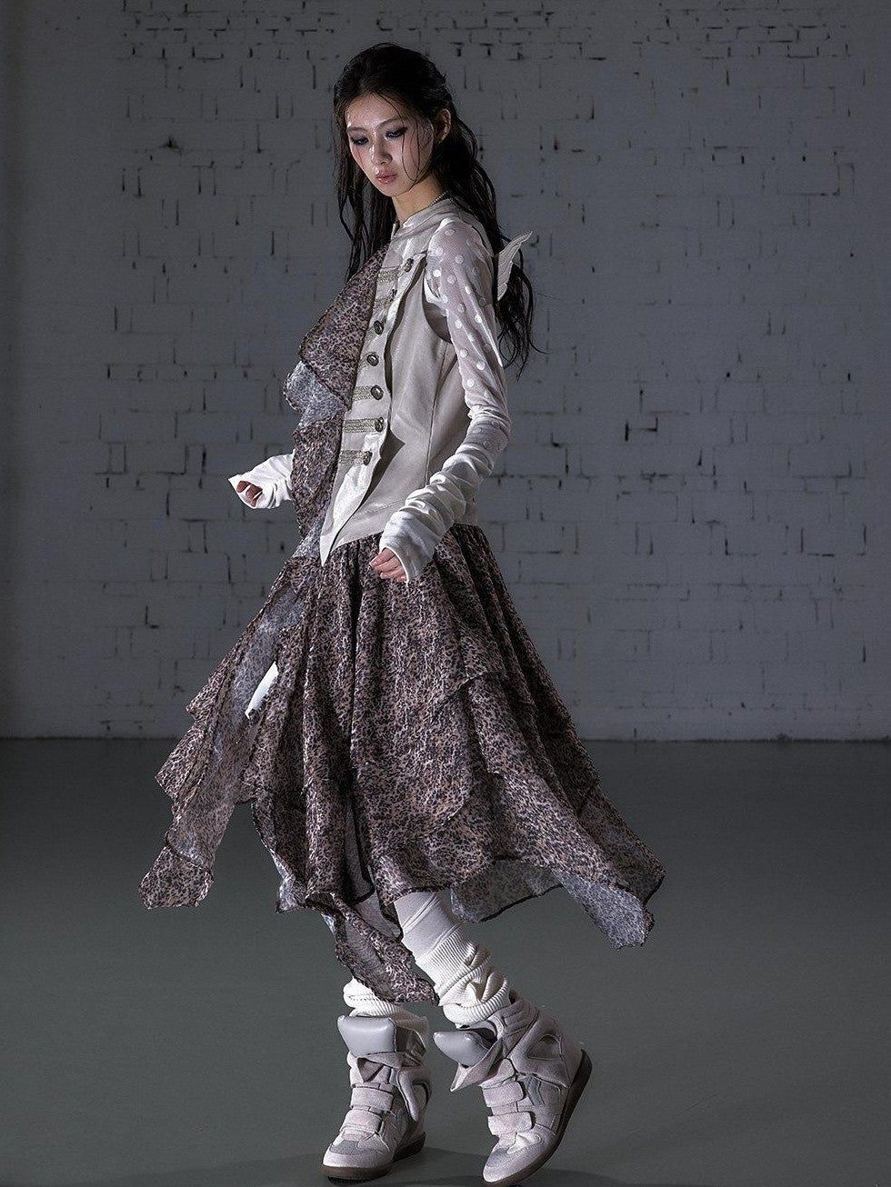 NO ROMANCE Leopard Embroidered Wing Patchwork Asymmetrical Women&