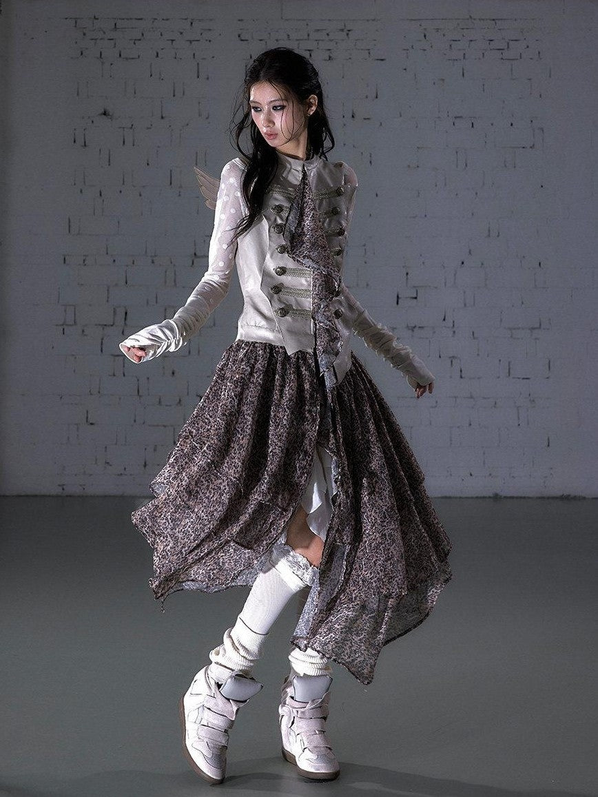 NO ROMANCE Leopard Embroidered Wing Patchwork Asymmetrical Women&