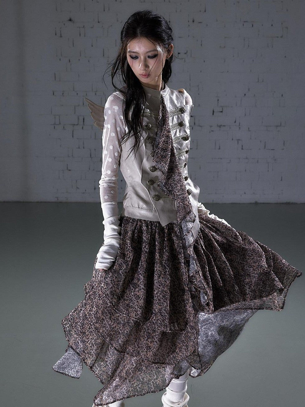 NO ROMANCE Leopard Embroidered Wing Patchwork Asymmetrical Women&