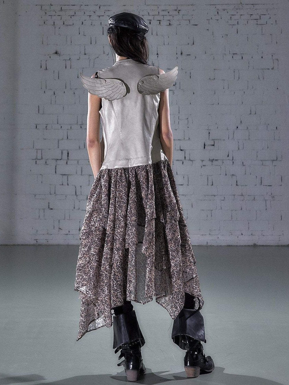 NO ROMANCE Leopard Embroidered Wing Patchwork Asymmetrical Women&