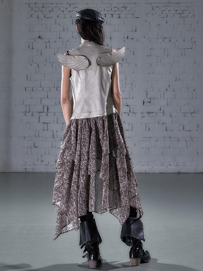 NO ROMANCE Leopard Embroidered Wing Patchwork Asymmetrical Women&