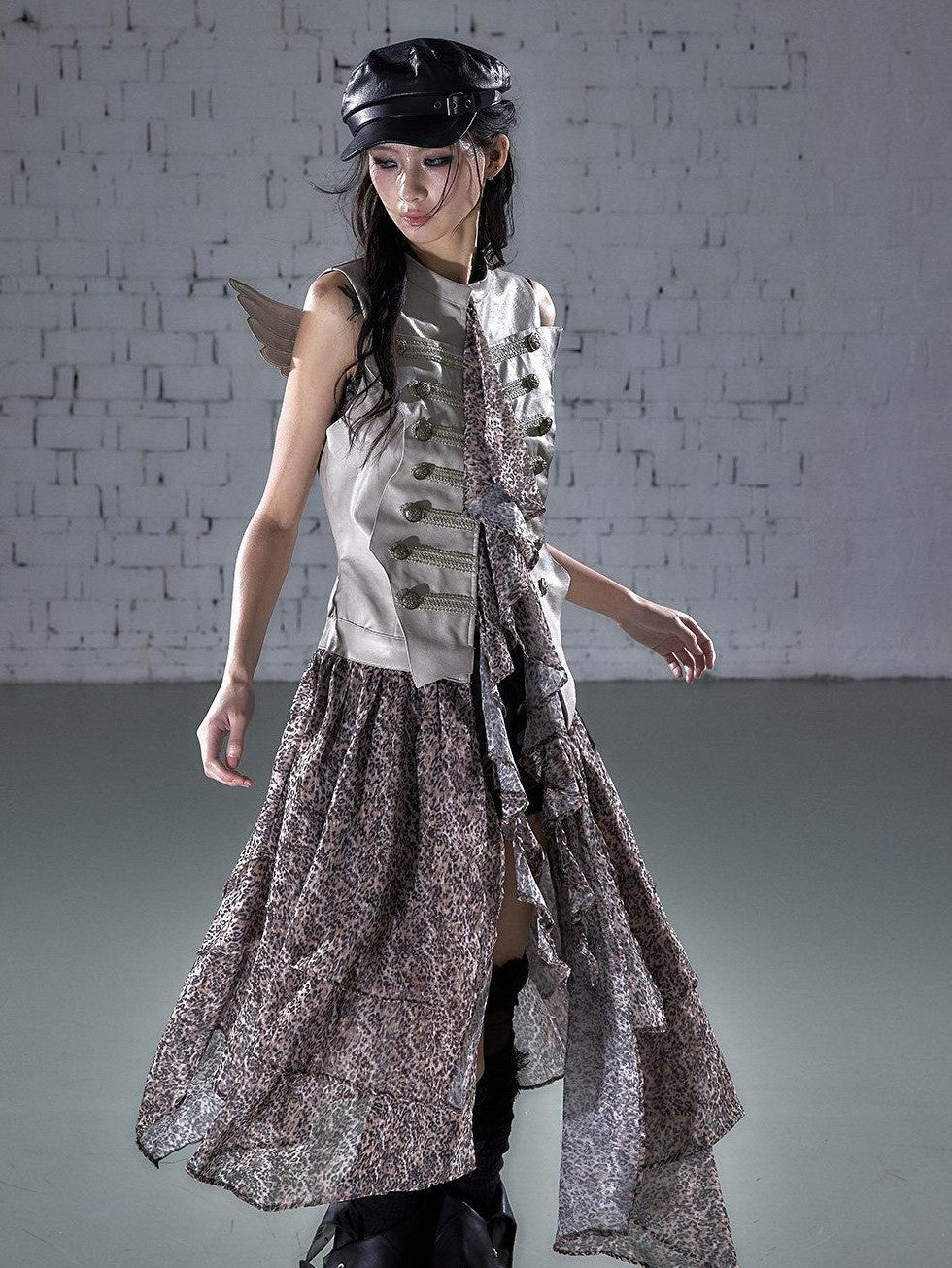 NO ROMANCE Leopard Embroidered Wing Patchwork Asymmetrical Women&