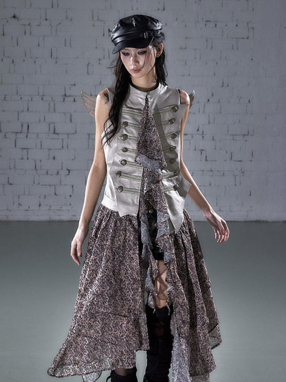 NO ROMANCE Leopard Embroidered Wing Patchwork Asymmetrical Women&