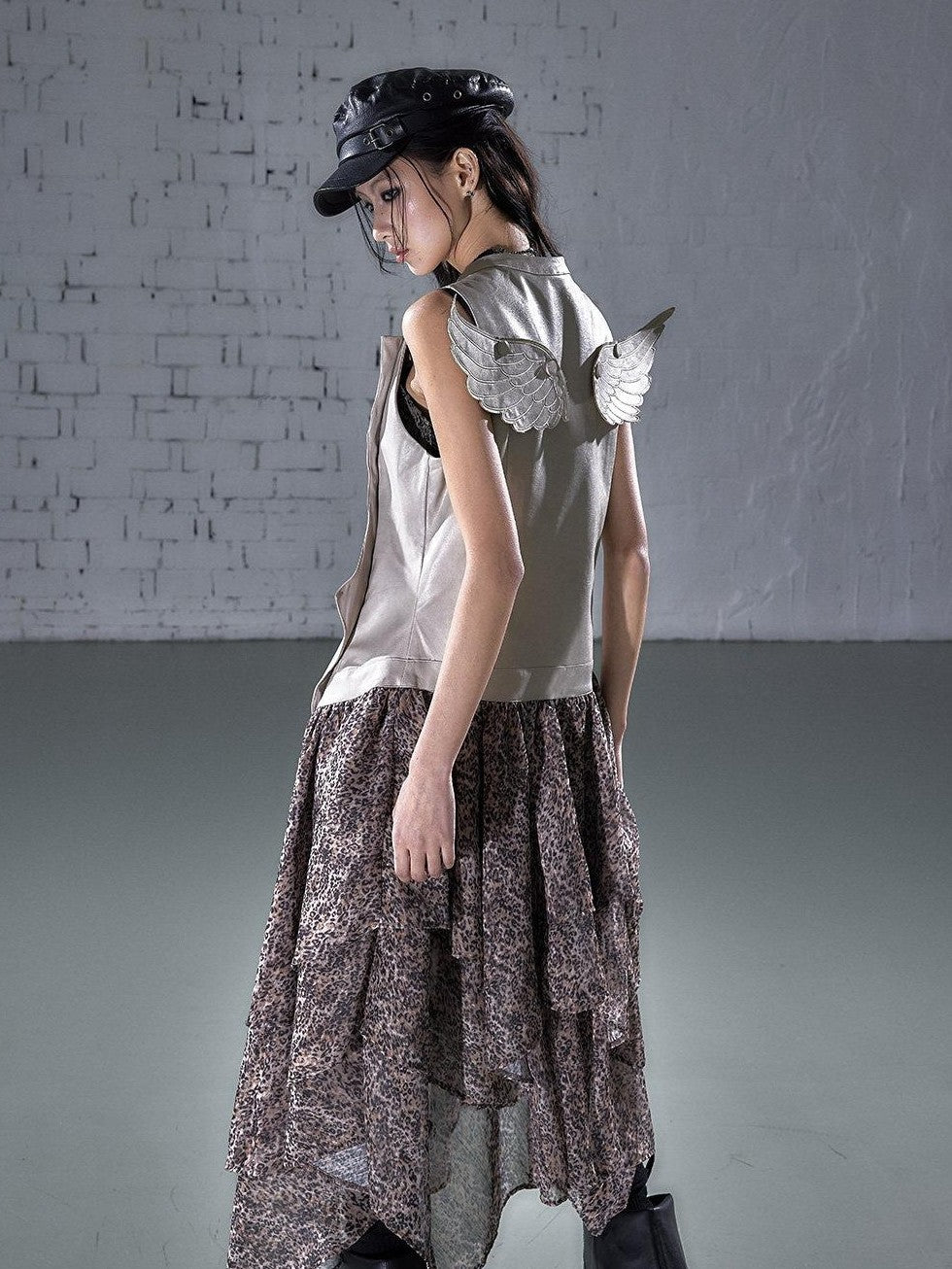 NO ROMANCE Leopard Embroidered Wing Patchwork Asymmetrical Women&