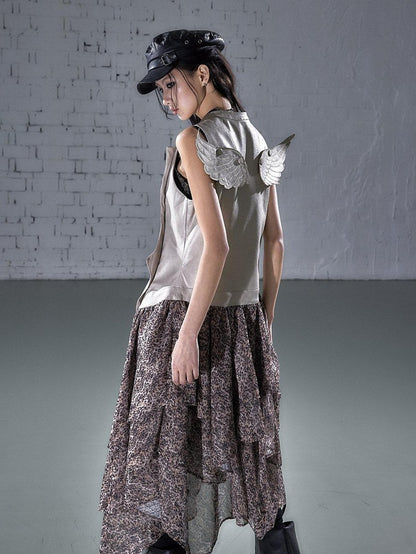 NO ROMANCE Leopard Embroidered Wing Patchwork Asymmetrical Women&
