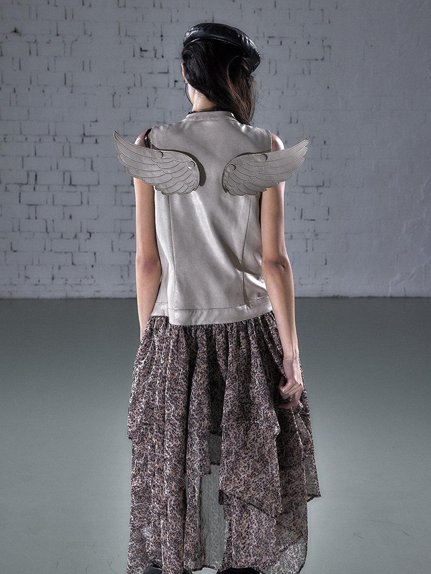 NO ROMANCE Leopard Embroidered Wing Patchwork Asymmetrical Women&
