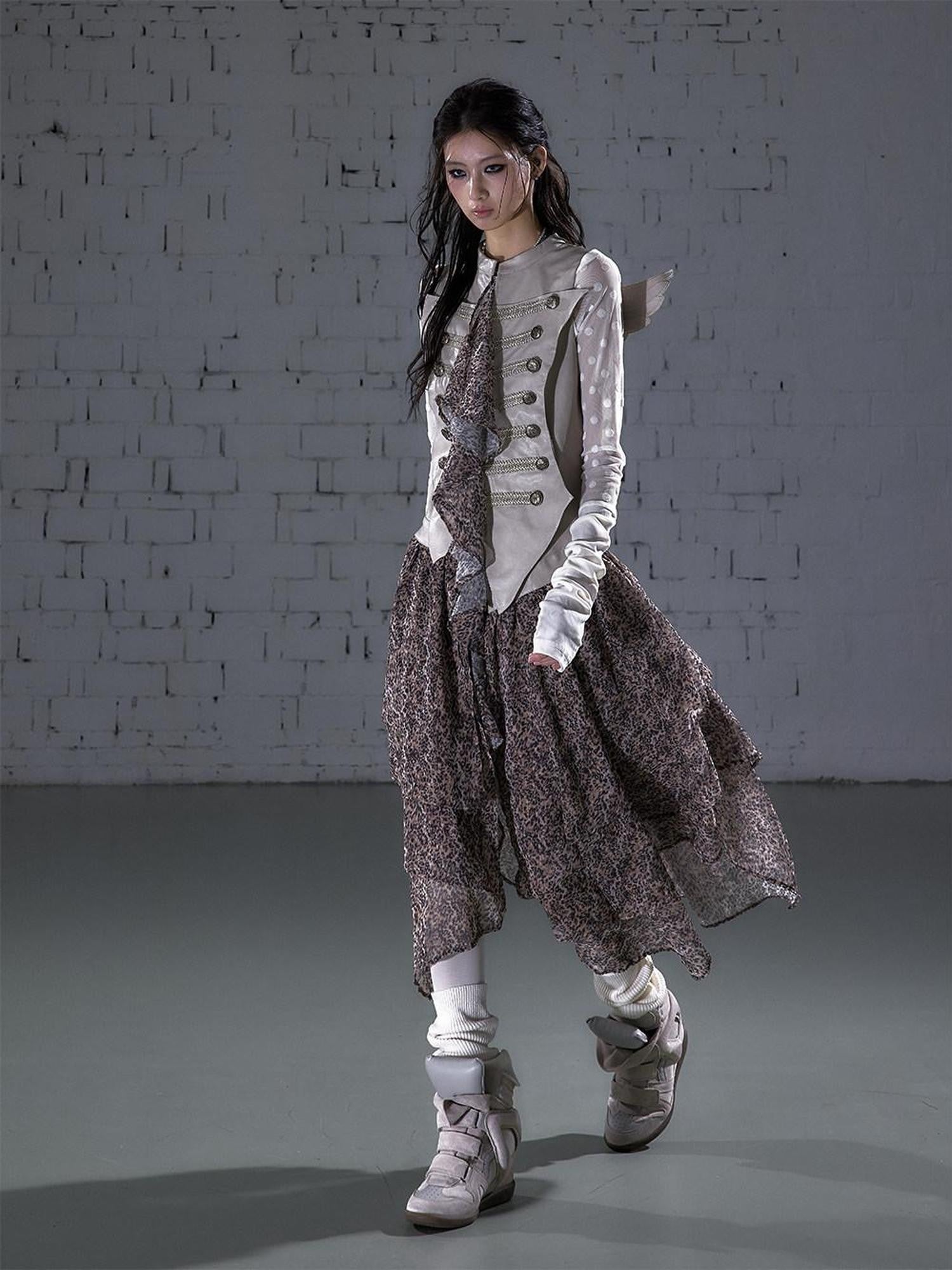 NO ROMANCE Leopard Embroidered Wing Patchwork Asymmetrical Women&