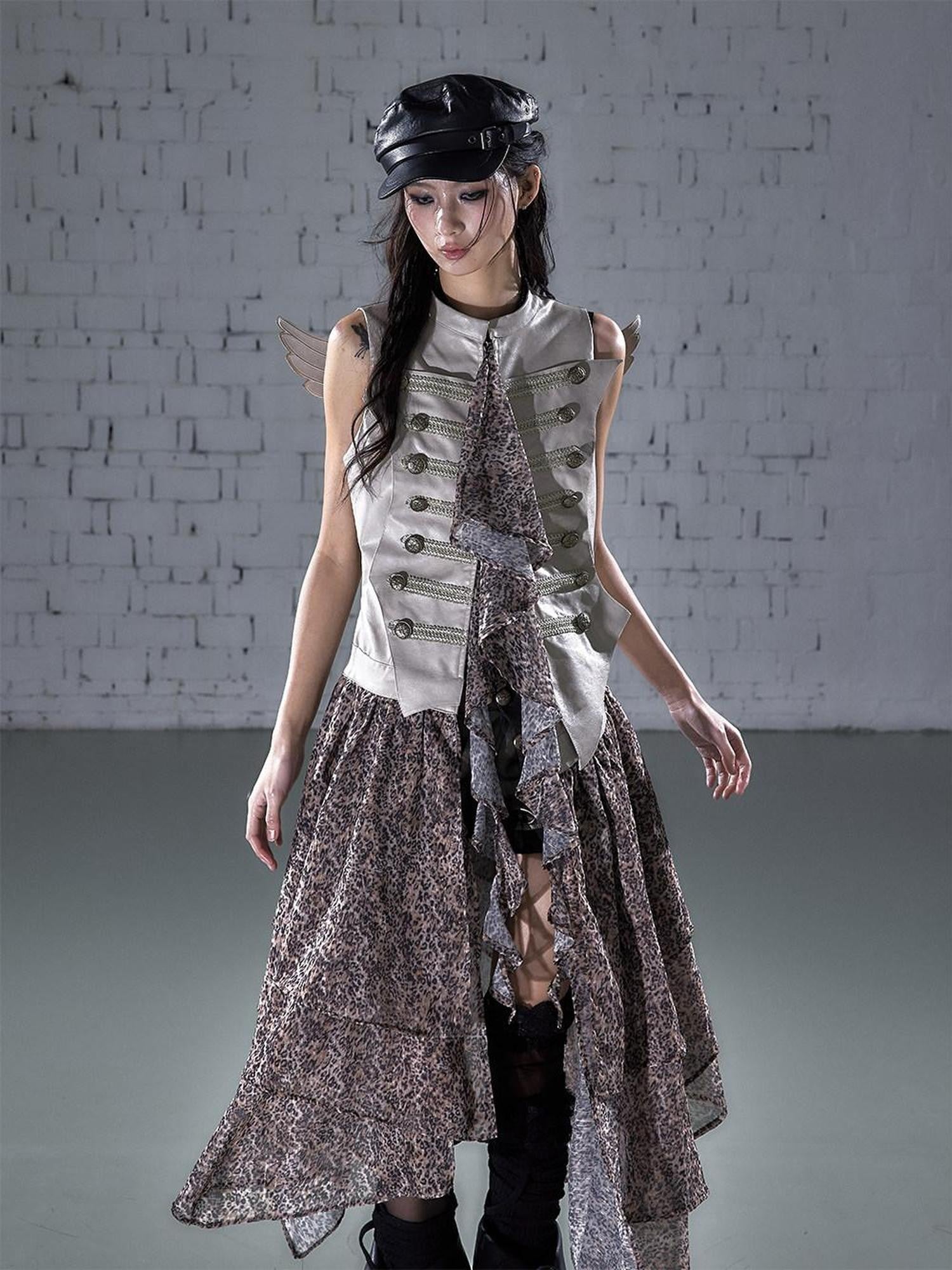 NO ROMANCE Leopard Embroidered Wing Patchwork Asymmetrical Women&