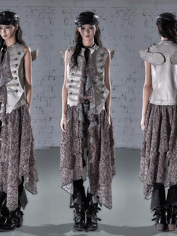 NO ROMANCE Leopard Embroidered Wing Patchwork Asymmetrical Women&