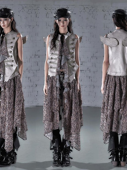 NO ROMANCE Leopard Embroidered Wing Patchwork Asymmetrical Women&