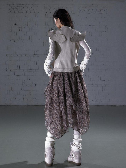 NO ROMANCE Leopard Embroidered Wing Patchwork Asymmetrical Women&