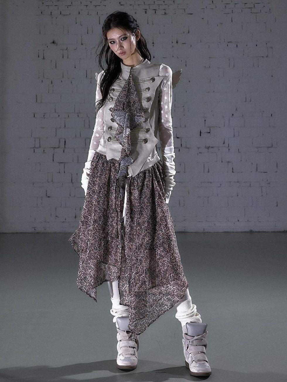 NO ROMANCE Leopard Embroidered Wing Patchwork Asymmetrical Women&