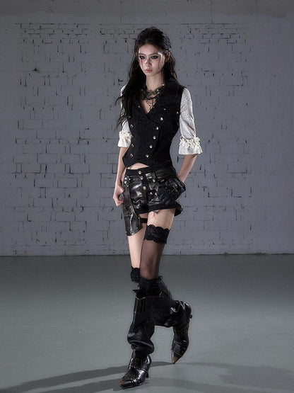 NO ROMANCE Leopard Lace Faux Layered Double Breasted Half Sleeve Women&