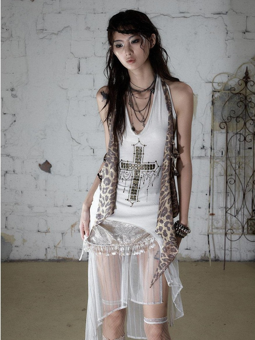 NO ROMANCE Leopard Print Halter V-neck Faux Two Piece Slim Long Strap Women&