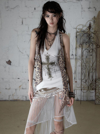 NO ROMANCE Leopard Print Halter V-neck Faux Two Piece Slim Long Strap Women&