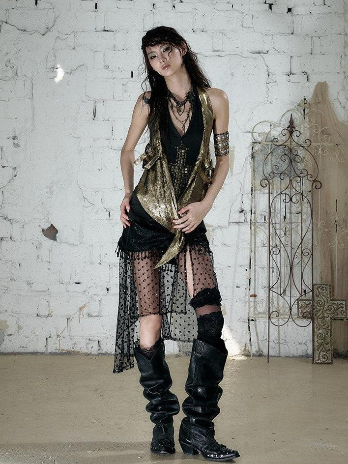 NO ROMANCE Leopard Print Halter V-neck Faux Two Piece Slim Long Strap Women&