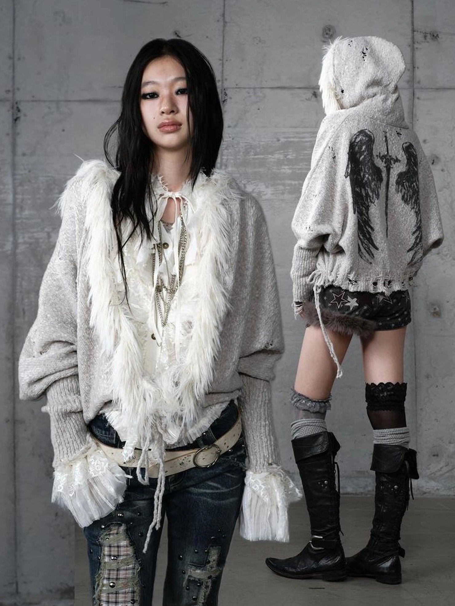 NO ROMANCE Oversized Wool Blend Knit Fringe Open Front Cardigan Batwing Long Sleeve Sweater