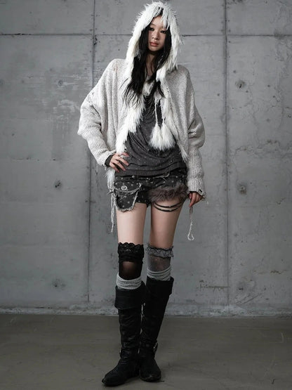 NO ROMANCE Oversized Wool Blend Knit Fringe Open Front Cardigan Batwing Long Sleeve Sweater