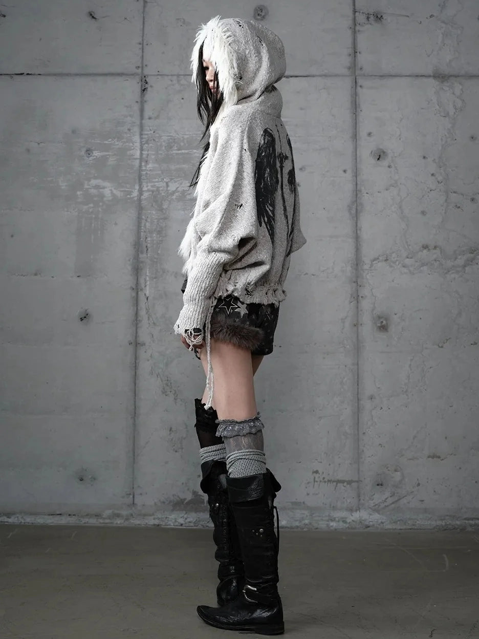 NO ROMANCE Oversized Wool Blend Knit Fringe Open Front Cardigan Batwing Long Sleeve Sweater