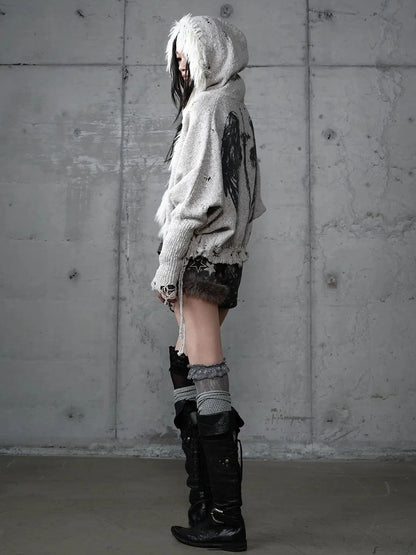 NO ROMANCE Oversized Wool Blend Knit Fringe Open Front Cardigan Batwing Long Sleeve Sweater