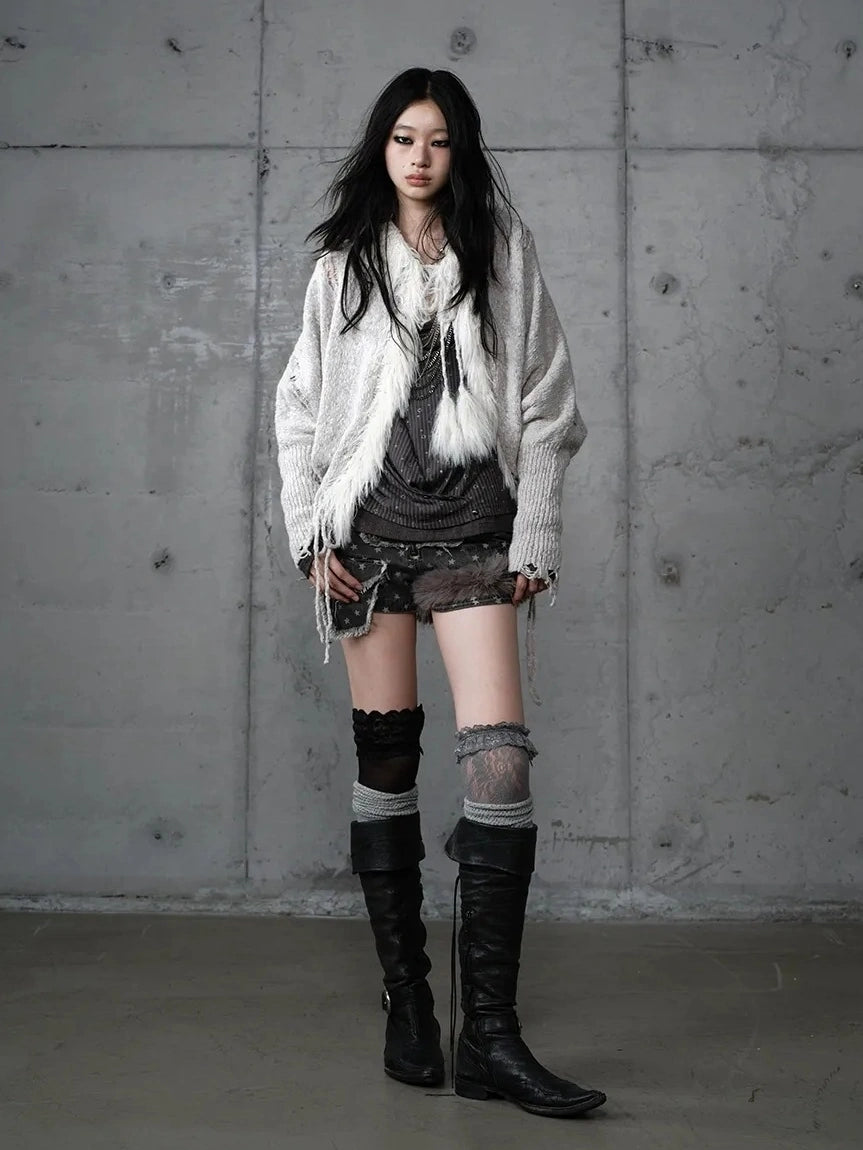 NO ROMANCE Oversized Wool Blend Knit Fringe Open Front Cardigan Batwing Long Sleeve Sweater