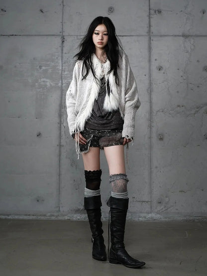 NO ROMANCE Oversized Wool Blend Knit Fringe Open Front Cardigan Batwing Long Sleeve Sweater