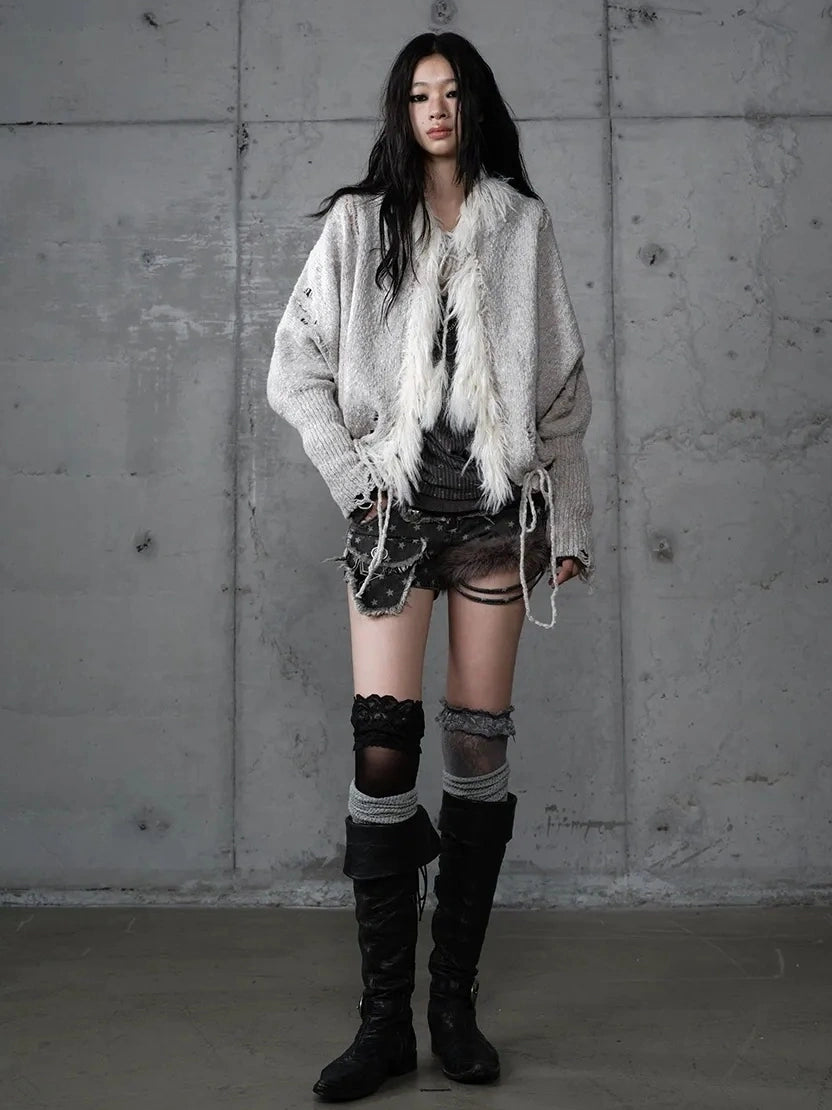 NO ROMANCE Oversized Wool Blend Knit Fringe Open Front Cardigan Batwing Long Sleeve Sweater