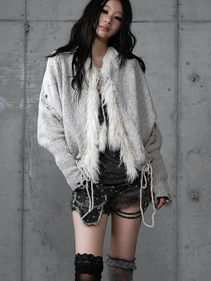 NO ROMANCE Oversized Wool Blend Knit Fringe Open Front Cardigan Batwing Long Sleeve Sweater