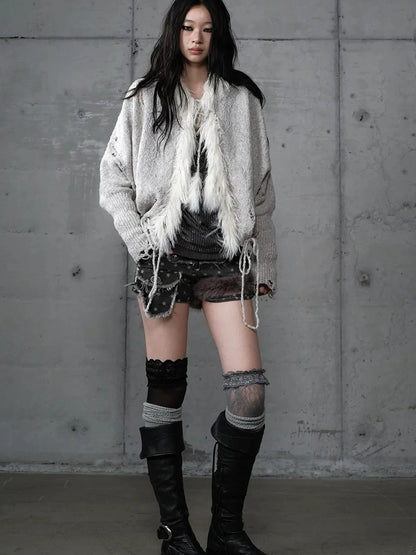 NO ROMANCE Oversized Wool Blend Knit Fringe Open Front Cardigan Batwing Long Sleeve Sweater