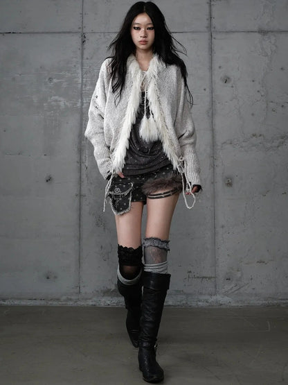 NO ROMANCE Oversized Wool Blend Knit Fringe Open Front Cardigan Batwing Long Sleeve Sweater