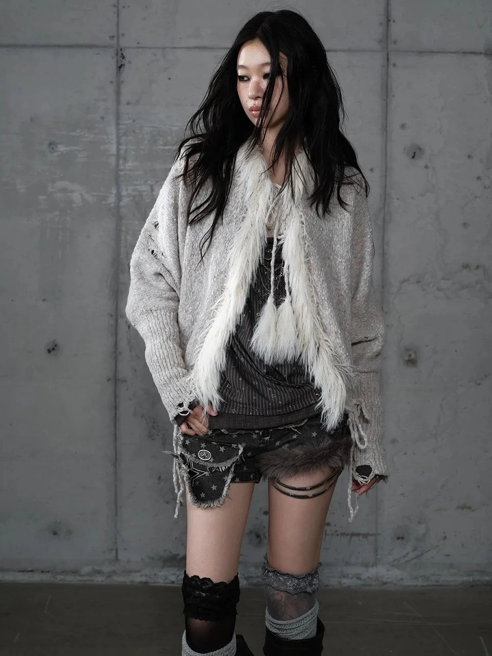 NO ROMANCE Oversized Wool Blend Knit Fringe Open Front Cardigan Batwing Long Sleeve Sweater