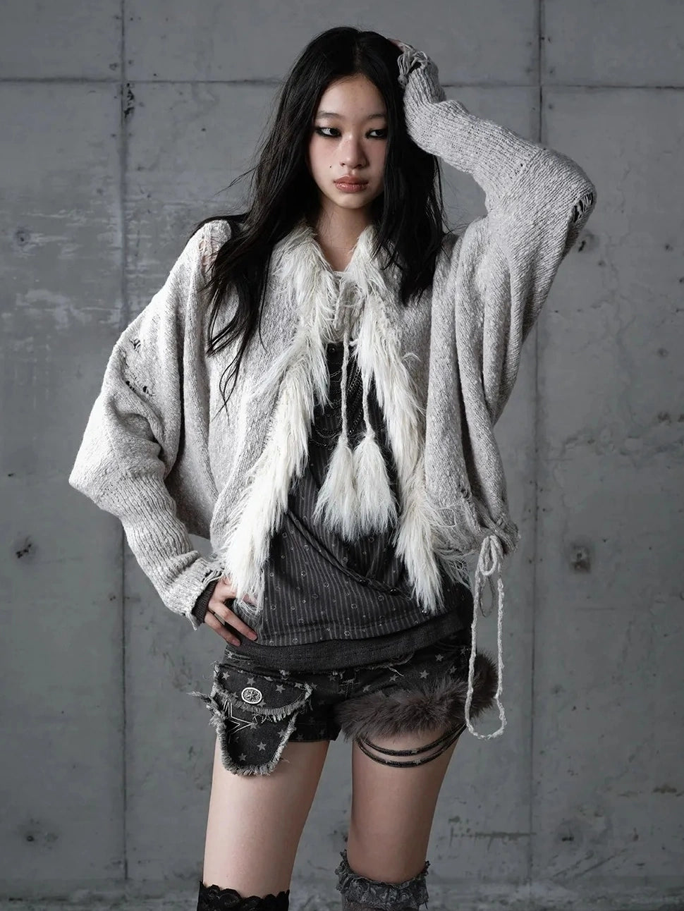 NO ROMANCE Oversized Wool Blend Knit Fringe Open Front Cardigan Batwing Long Sleeve Sweater
