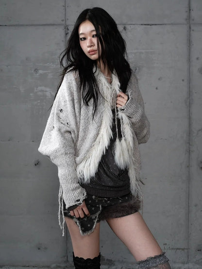 NO ROMANCE Oversized Wool Blend Knit Fringe Open Front Cardigan Batwing Long Sleeve Sweater