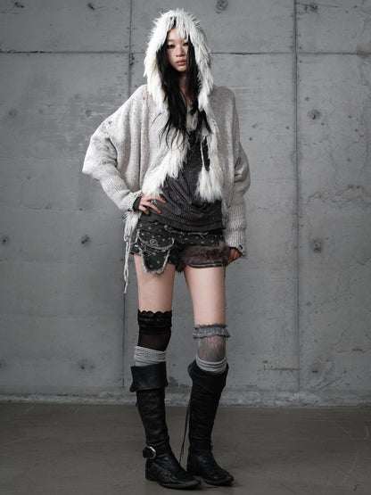 NO ROMANCE Oversized Wool Blend Knit Fringe Open Front Cardigan Batwing Long Sleeve Sweater