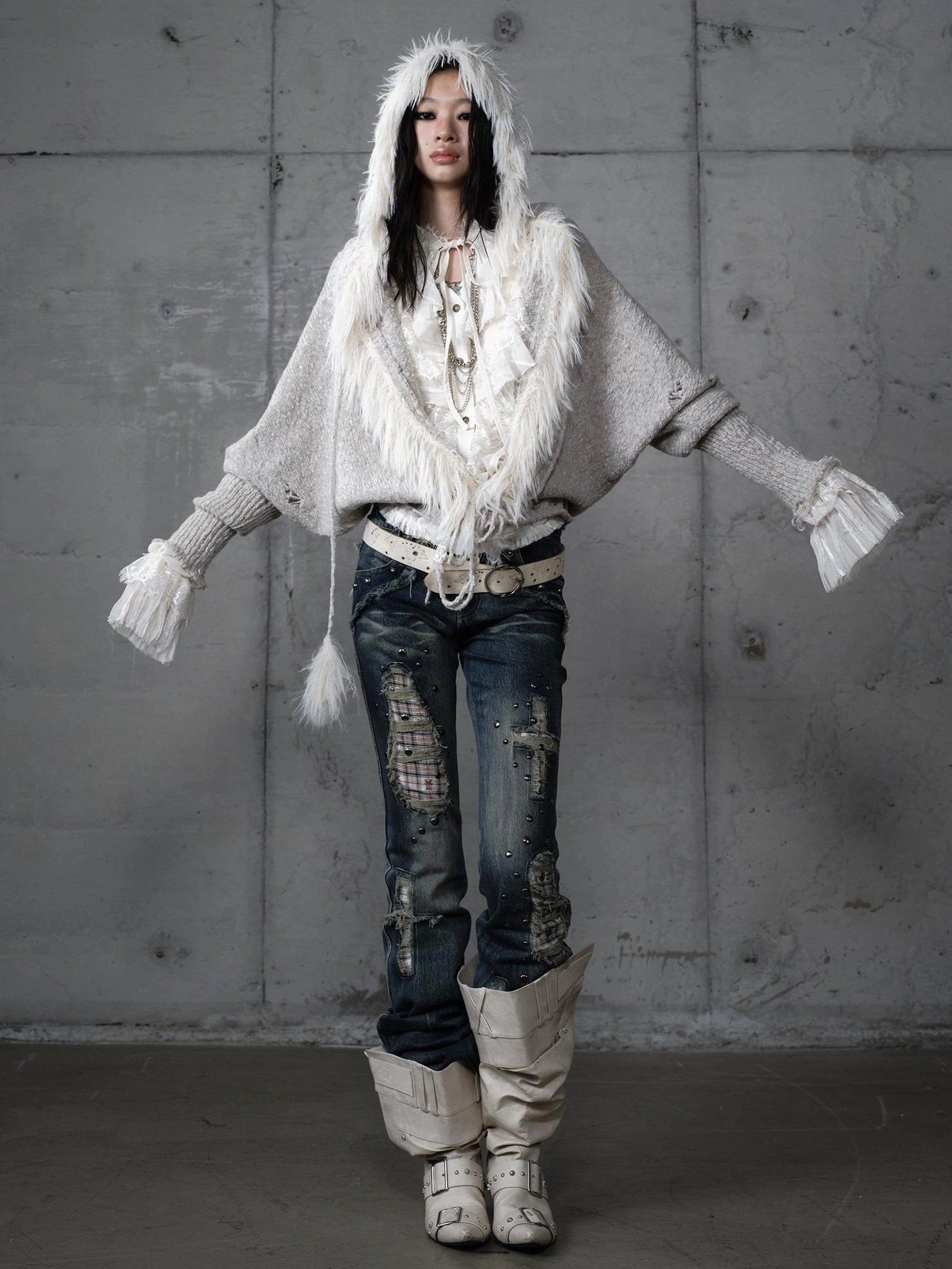 NO ROMANCE Oversized Wool Blend Knit Fringe Open Front Cardigan Batwing Long Sleeve Sweater