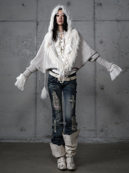 NO ROMANCE Oversized Wool Blend Knit Fringe Open Front Cardigan Batwing Long Sleeve Sweater